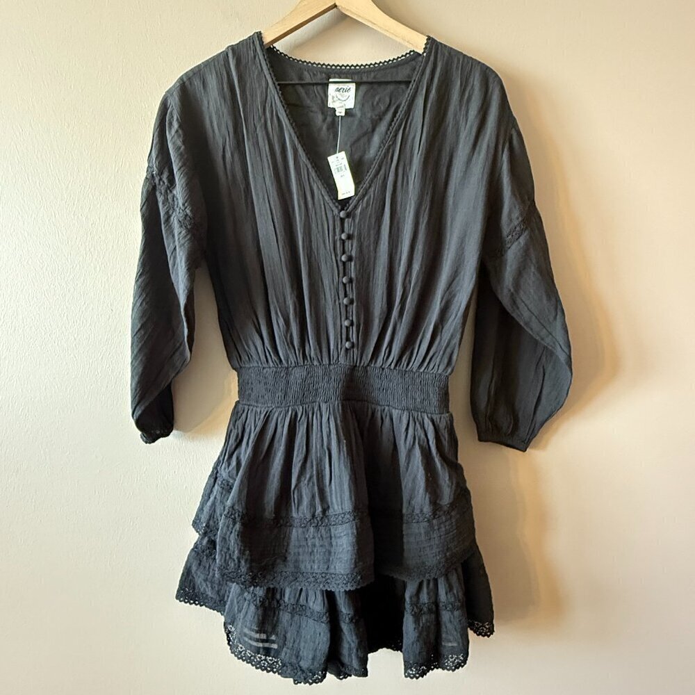 Woman's S NWT Aerie Rock N Ruffle Black Mini Dress Lace Balloon Sleeves - Picture 2 of 10
